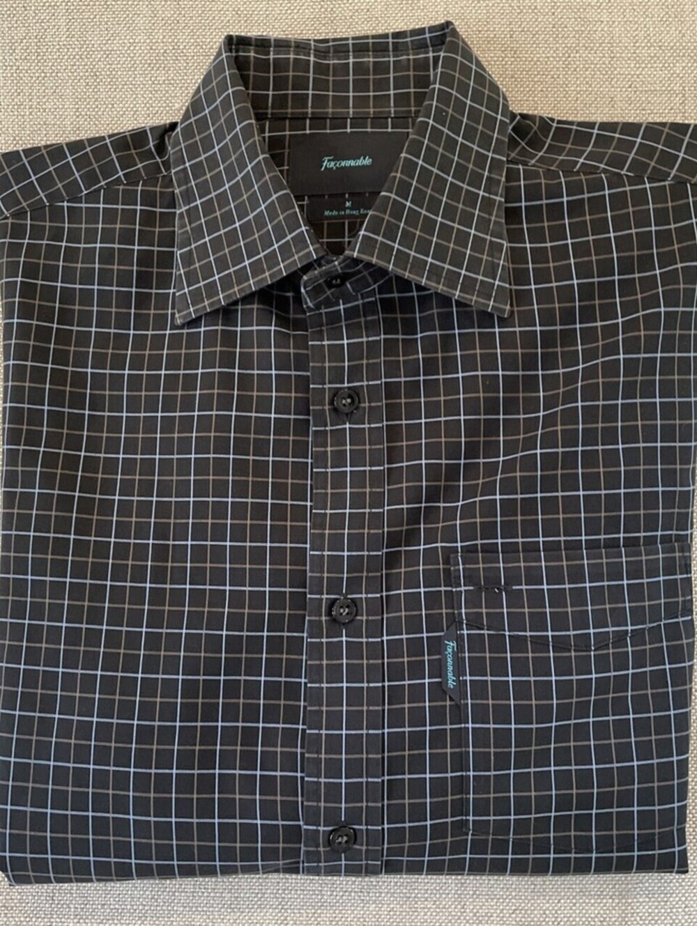 Faconnable Woven Check Button Down Collar Shirt Black M